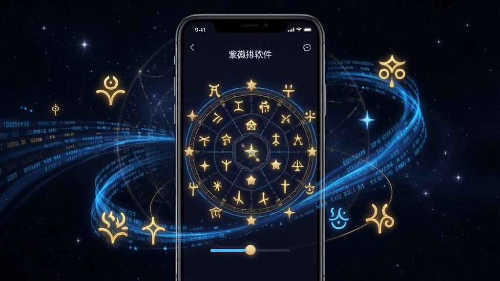 一张展示紫薇排盘软件排盘过程的AI生成图片。主体为一部手机屏幕,屏幕中央显示着正在加载的命盘,周围环绕着流动的数据流与星曜符号。布局上,手机位于画面中央,背景为深色星空。排版突出科技感与神秘感。风格为数字艺术插画。细节上,星曜符号以金色发光线条呈现,数据流以蓝色光带展示。画质高清,画面干净,无多余元素。