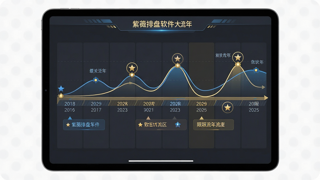 一张展示紫薇排盘软件大限流年功能的图片。主体为一部平板电脑,屏幕上显示着时间轴与运势曲线图。布局上,时间轴横向展开,标注着不同年份与大限区间,运势曲线上下波动。风格为商务科技感,配色以深灰、蓝色与金色为主。细节上,曲线节点有星曜图标标注,关键年份有文字提示。画质高清,画面干净,无多余元素。