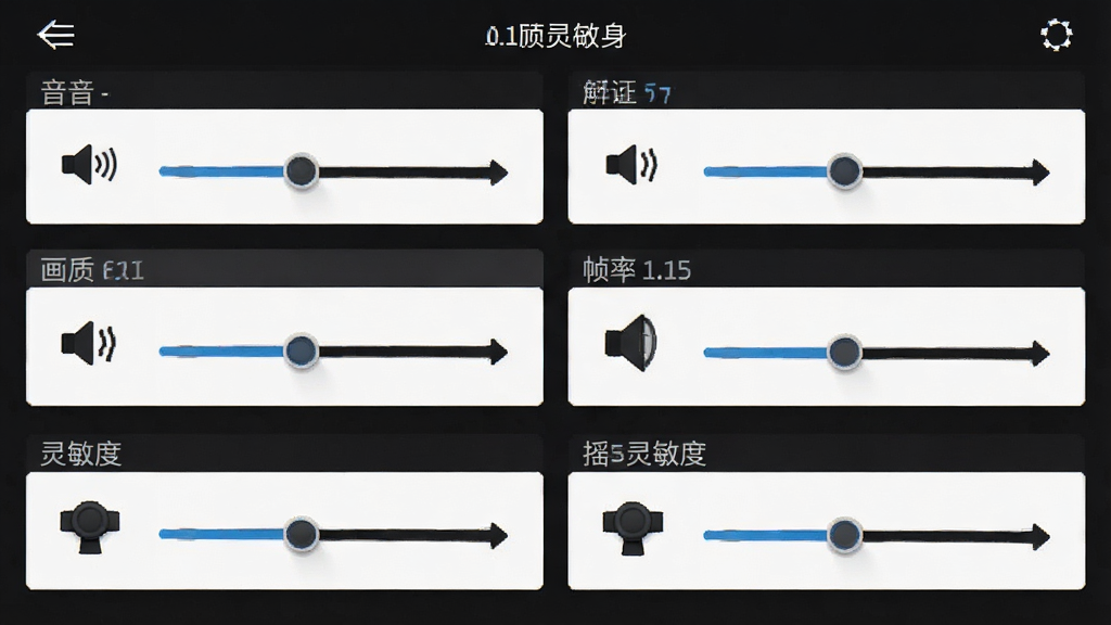 一张手机游戏设置界面截图,画面中显示音量、画质、帧率、摇杆灵敏度等调节选项,界面风格简洁现代,背景为深色,文字清晰,布局合理,画质干净,无多余元素