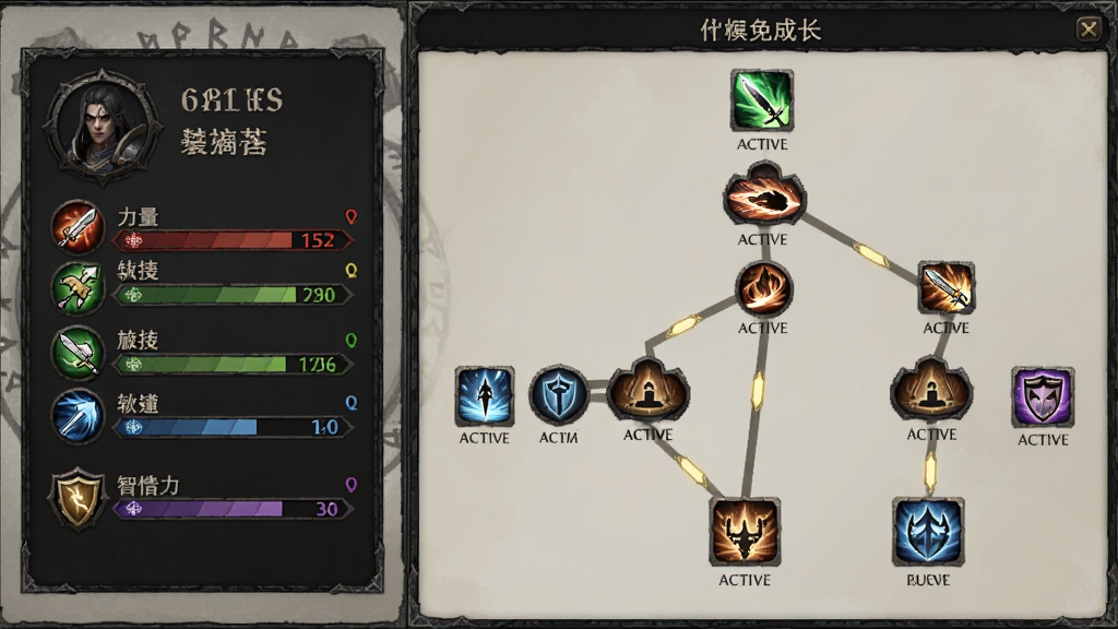 一张角色成长界面图,画面中显示角色属性面板与技能树,有力量、敏捷、智力等属性数值,技能树上有多个可解锁的主动与被动技能图标,界面风格为暗黑奇幻风,布局整洁,画质清晰,干净无多余元素