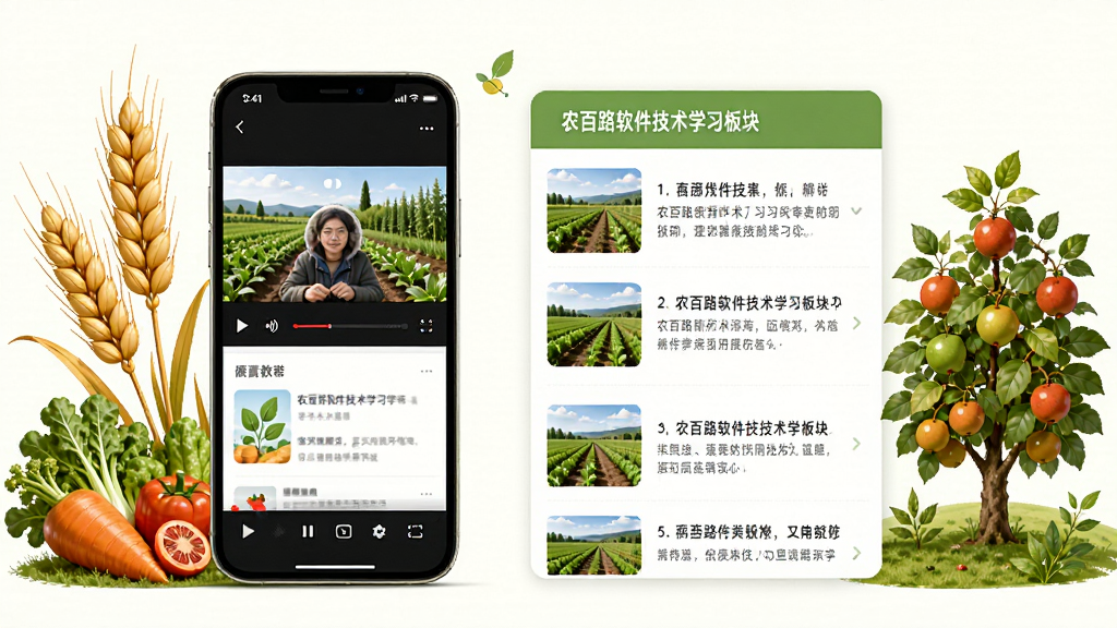 农百路软件技术学习板块,画面展示手机屏幕内视频播放界面和图文教程列表,屏幕旁边有麦穗、蔬菜、果树等植物元素环绕,布局采用左中右结构,风格为清新自然教育风格,细节上体现学习内容的丰富性和界面友好度,画质高清,画面干净,无多余元素