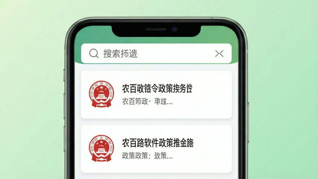 农百路软件政策推送功能界面,画面展示手机屏幕内呈现政策文件卡片列表,每张卡片带有红色印章图标和标题文字,屏幕上方有搜索筛选栏,背景为浅绿色渐变,布局采用上下结构,风格为简洁商务扁平化,细节上体现政策文件的正式感与清晰度,画质高清,画面干净,无多余元素