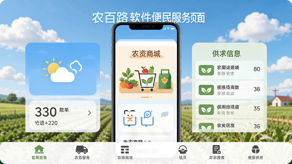 农百路软件便民服务页面,画面中手机屏幕显示天气图标、农资商城入口和供求信息列表,屏幕下方有功能导航栏,背景为蓝天白云和田野风光,布局采用卡片式排版,风格为温馨生活化扁平风格,细节上体现便民服务的实用性和易用性,画质高清,画面干净,无多余元素