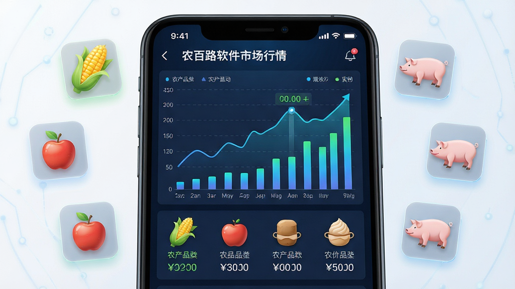 农百路软件市场行情页面,画面中手机屏幕显示折线图和柱状图组合的价格走势界面,图表下方有农产品品类图标和价格数字,屏幕外环绕着玉米、苹果、生猪等农产品小图标,布局采用上下分层排版,风格为数据可视化科技风格,细节上体现图表的清晰度和数据的实时感,画质高清,画面干净,无多余元素