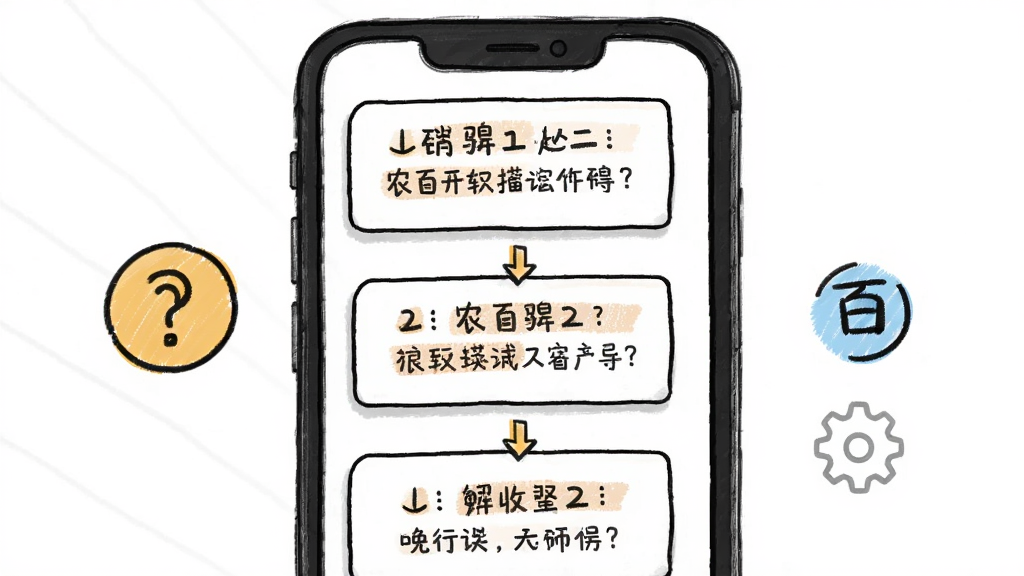 农百路软件新手引导界面,画面展示手机屏幕内分步骤的操作指引卡片,卡片上有箭头和文字说明,屏幕旁边有问号图标和齿轮设置图标,布局采用上下流程式排版,风格为简洁明快的手绘风格,细节上体现引导的清晰性和友好度,画质高清,画面干净,无多余元素