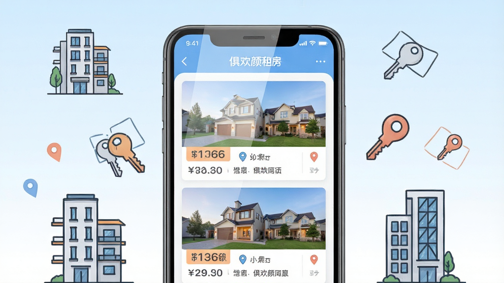 一张展示俱欢颜租房手机应用主界面的图片,画面中央是一部竖屏智能手机,手机屏幕上显示着俱欢颜租房的房源列表页面,有房屋图片、价格标签和位置信息,手机周围散布着几栋现代公寓楼的简笔画图标和钥匙、定位符号,整体布局为居中构图,风格为清爽扁平化插画风,细节上手机屏幕有轻微反光效果,背景为浅蓝到白色的渐变,画质清晰干净无多余元素