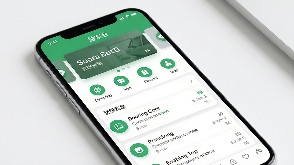 益友会 手机应用界面 展示首页资讯与社群聊天板块 主体为一部现代智能手机 屏幕内呈现绿色与白色为主的清新界面 布局为上下结构 上方为轮播图与功能入口 下方为信息流列表 风格简约商务 细节包含圆形图标与卡片式排版 画质清晰 干净 无多余元素
