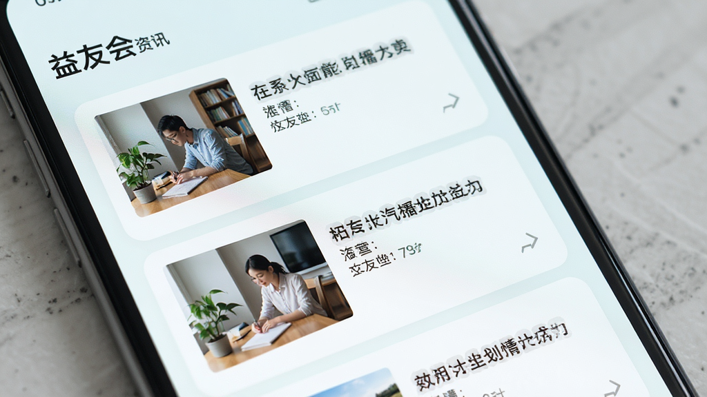 益友会 资讯页面 手机屏幕特写 主体为手机中展示图文列表 布局为竖向滚动卡片 排版整齐 风格清新浅色 细节包含缩略图与标题文字 画质清晰 干净 无多余元素