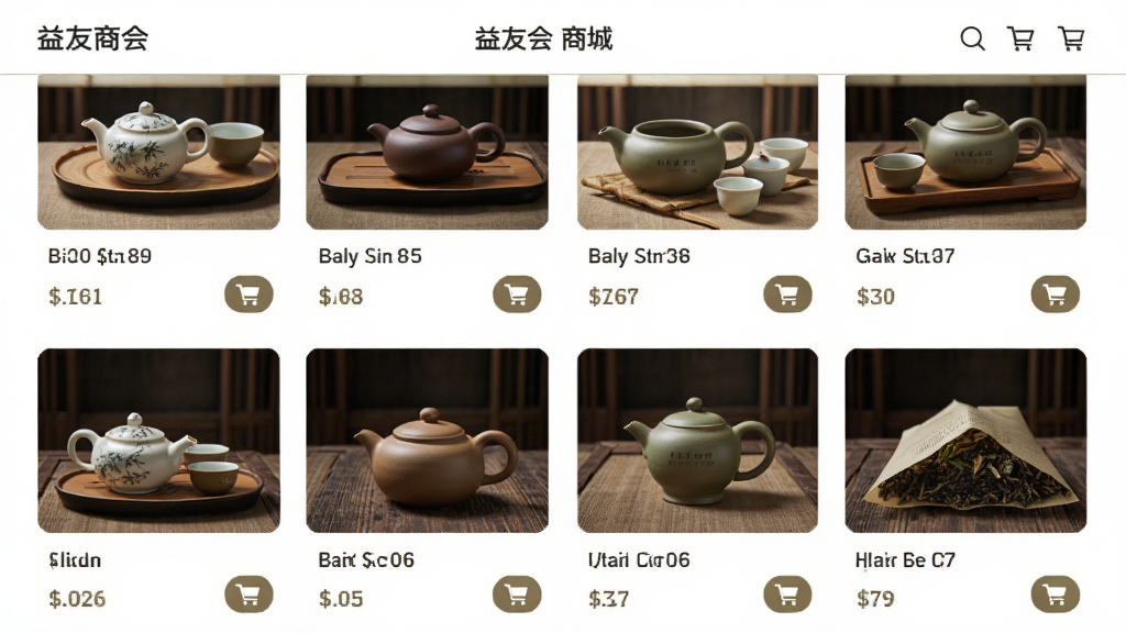 益友会 商城页面 手机屏幕内展示商品网格列表 主体为茶具与茶叶商品图 布局为两列排版 风格清爽素雅 细节包含价格标签与购物车图标 画质清晰 干净 无多余元素