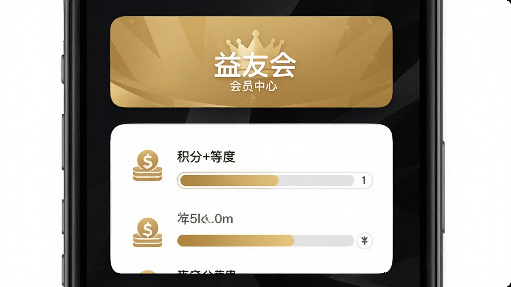 益友会 会员中心页面 手机屏幕内展示积分与等级进度条 主体为金色与白色搭配的卡片 布局为纵向排列 风格简约商务 细节包含图标与数字 画质清晰 干净 无多余元素