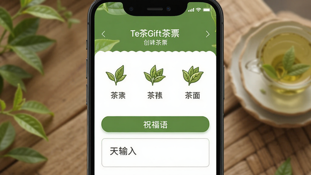 TeaGift茶票 创建茶票界面 手机屏幕显示茶叶选择与祝福语输入框 主体为手机界面 布局上下结构 排版清晰 风格清新自然 细节包括茶叶图标与绿色按钮 画质干净 无多余元素