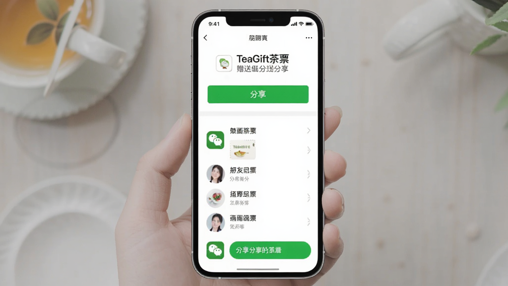 TeaGift茶票 赠送分享界面 手机屏幕展示分享按钮与好友列表 主体为手机界面 布局左右分栏 排版整齐 风格简约 细节包括微信图标与绿色分享按钮 画质干净 无多余元素