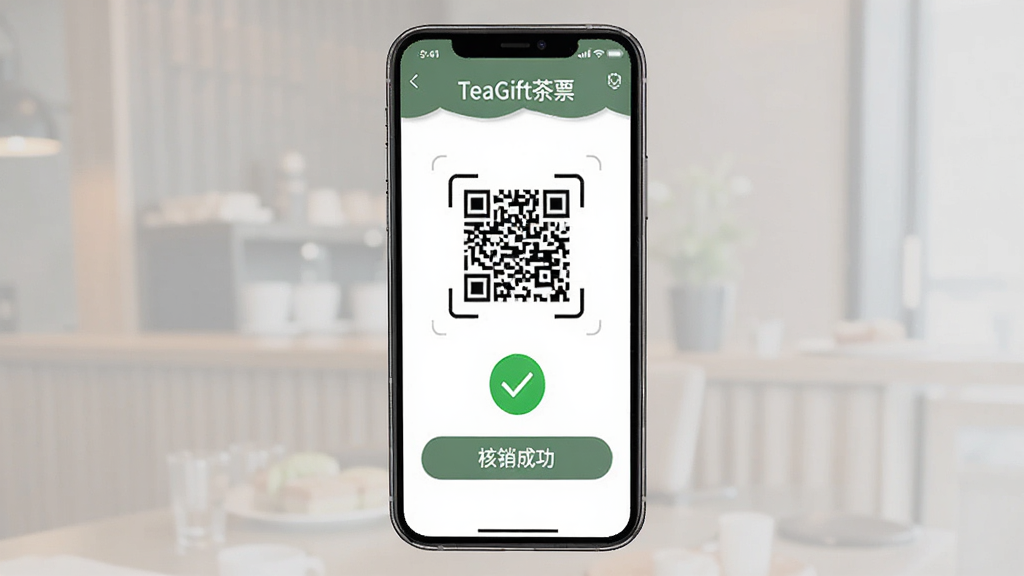 TeaGift茶票 门店核销界面 手机屏幕显示二维码与核销成功提示 主体为手机界面 布局居中 排版对称 风格商务简洁 细节包括扫码框与绿色对勾图标 画质干净 无多余元素