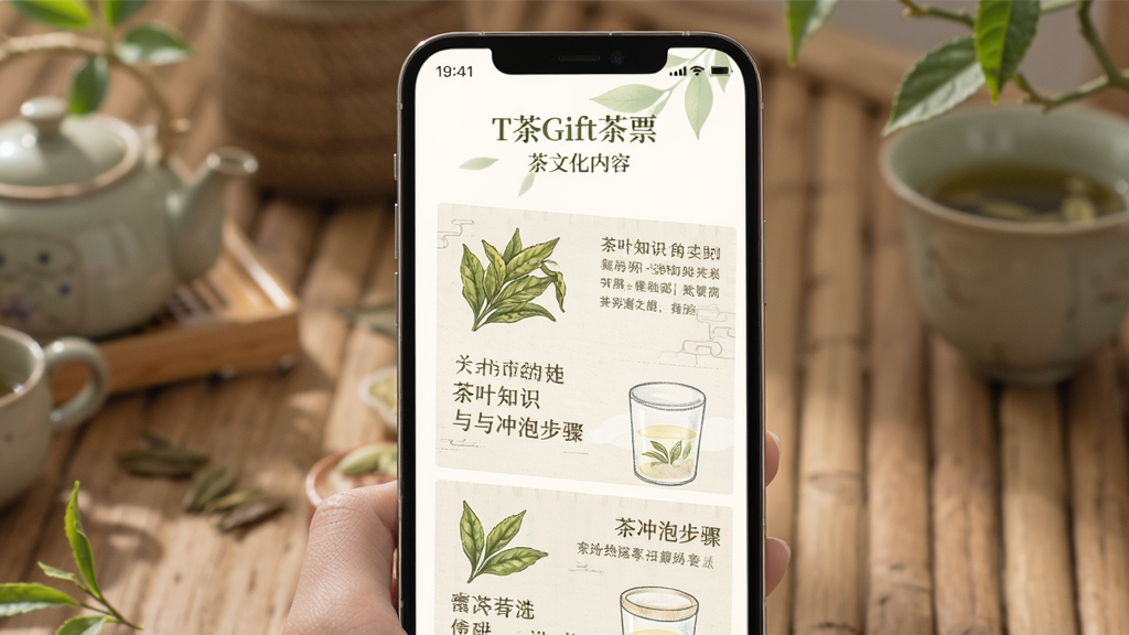 TeaGift茶票 茶文化内容页面 手机屏幕展示茶叶知识与冲泡步骤 主体为手机界面 布局图文混排 排版舒适 风格文艺清新 细节包括茶叶插图与文字段落 画质干净 无多余元素