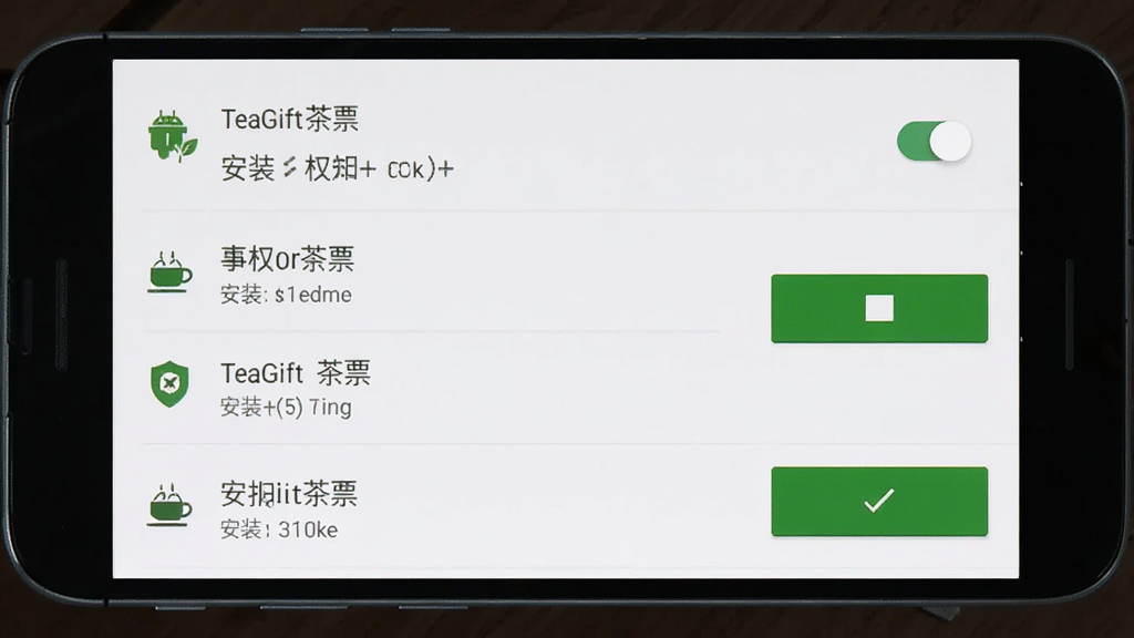 TeaGift茶票 安卓版 安装与权限设置界面 手机屏幕显示权限开关与安装确认按钮 主体为手机界面 布局列表式 排版规整 风格系统原生 细节包括权限图标与绿色确认按钮 画质干净 无多余元素