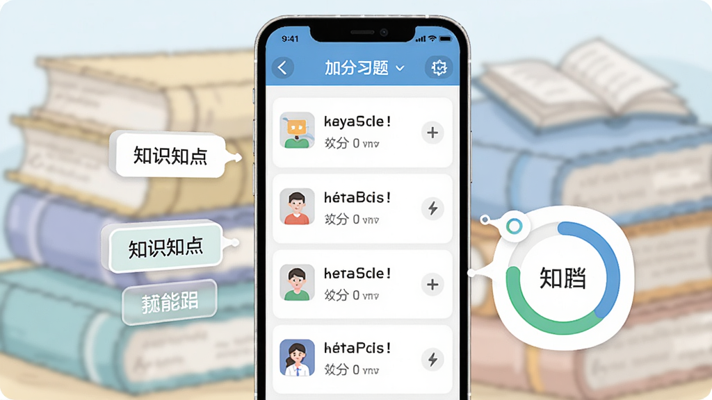 һ��AI��ͼ������Ϊ�ӷ�ϰ�����ܳ�����棬������һ���ֻ�չʾ�żӷ�ϰ�����Ŀ�б����Ա��������֪ʶ���ǩ�ͽ���Բ������������͵��鱾�ѵ�ͼ�������Ϊ��ƽ�������廭��ϸ�����������ʸɾ����޶���Ԫ��