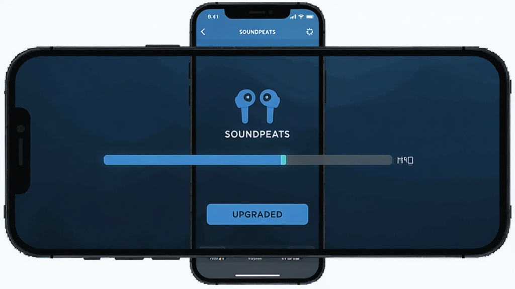 һ��չʾSOUNDPEATSӦ�ù̼����������ͼƬ������Ϊ�ֻ���Ļ��ʾ����������������Ϊ�ֻ����У��Ű��࣬���Ϊ�Ƽ�������ϸ�ڰ���SOUNDPEATS����ͼ���������ť�����ʸ��壬����ɾ����޶���Ԫ��
