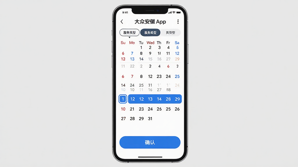���ڰ���AppԤԼ����ҳ�棬����Ϊ�ֻ���Ļ��ʾ������ʱ���ѡ�񣬲���Ϊ�Ϸ��������ͱ�ǩ���в�����ѡ�������ײ�ȷ�ϰ�ť���Ű���������Ϊ�������������棬ϸ����ѡ����������ɫ�����������������ɾ����޶���Ԫ��