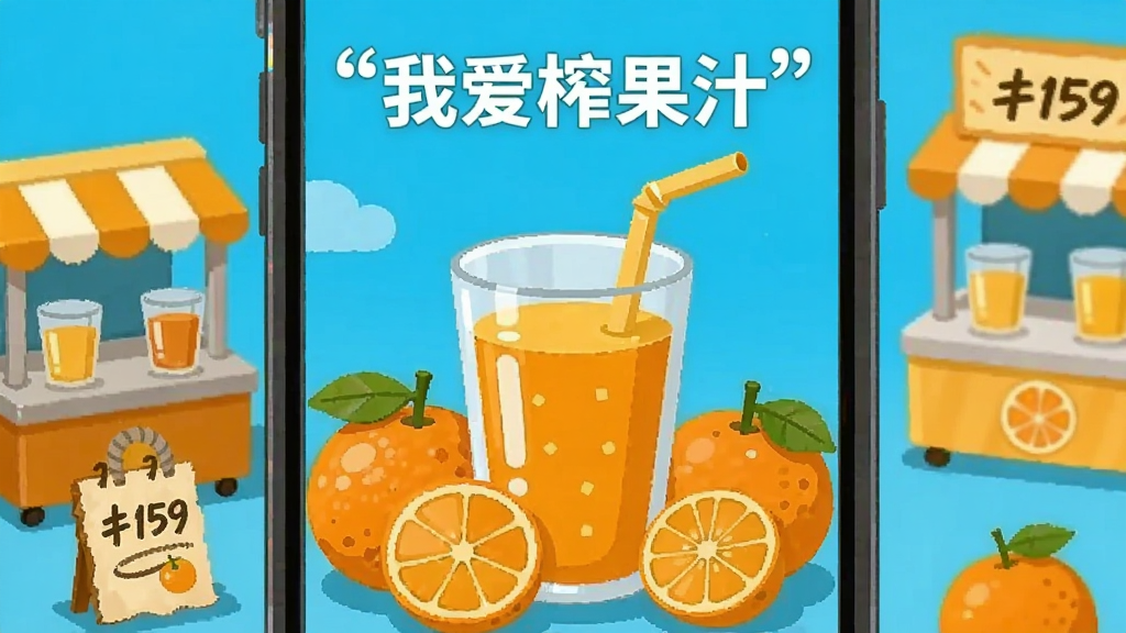 һ���ֻ���Ļ���棬����չʾһ��ɫ�����޵ĳ�֭�ͼ������ʳ��ӣ���Χ������С�͹�̯֭λ�ͼ�ǩԪ�أ�������ñ�ƽ��ͨ��񣬱���Ϊ����ǳ��ɫ�������Ϸ������ű�ע���֡��Ұ�ե��֭���������������ɾ����޶���Ԫ��