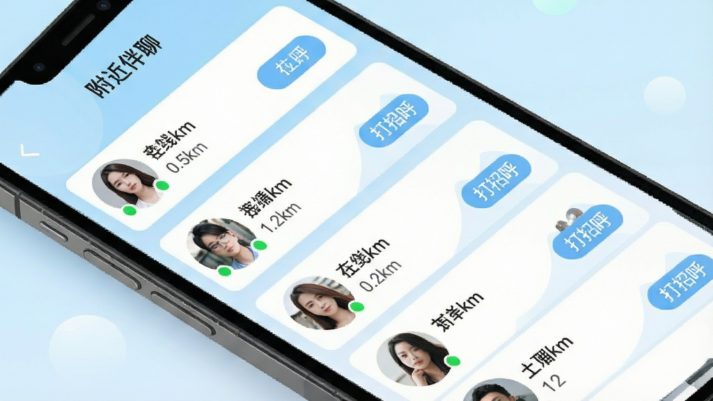 һ���ֻ�Ӧ�ý����ͼ����ͼƬ����������ʾ���������ġ�APP�ĸ����û��б�ҳ�棬����û�ͷ��Ƭ�������У�ÿ�ſ�Ƭ�ϱ�ע���������硰0.5km����1.2km���������ǵ���ɫ���䣬�����Ű����룬������¼�Լ��ϸ�ڰ�������״̬�̵�ʹ��к���ť�������������ɾ����޶���Ԫ��