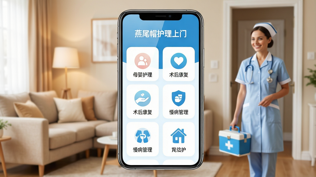 һ��չʾ����βñ�������š�APP��ҳ���ֻ�����Ч��ͼ������������һ�����������ֻ�����Ļ����ʾ�������ķ������ͼ����ĸӤ���������󿵸������������ȣ���������ܰ�ļ�ͥ����������һλ���΢Ц�Ļ�ʿ���Ż�����վ���ſڣ�������Ϊ����ҽ������ů����ɫ��ϸ�����ֻ���Ļ����΢���⣬����ɾ����࣬���ʸ��壬�޶���Ԫ��