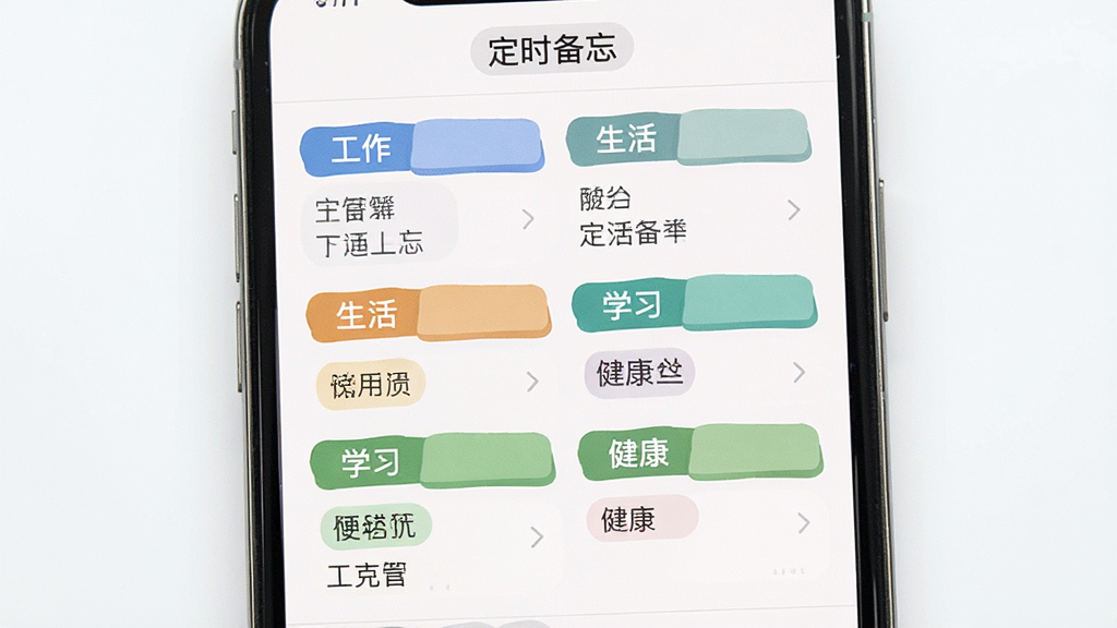 一张展示定时备忘分类标签管理界面的图片,画面中央是手机屏幕,屏幕上显示着不同颜色的标签分类,包括工作、生活、学习、健康等,每个标签下有几条任务条目,整体布局整齐,风格清新明快,画质干净,无多余元素,图片中文字“定时备忘”
