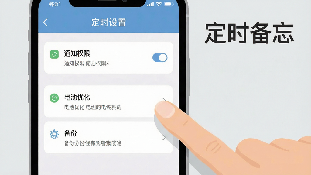 一张展示定时备忘使用指南的图片,画面中一部手机屏幕显示着设置页面,页面上有通知权限、电池优化、备份等选项,旁边有一个手指正在点击屏幕,背景是简洁的浅灰色,风格扁平化,画质清晰,干净无多余元素,图片中文字“定时备忘”