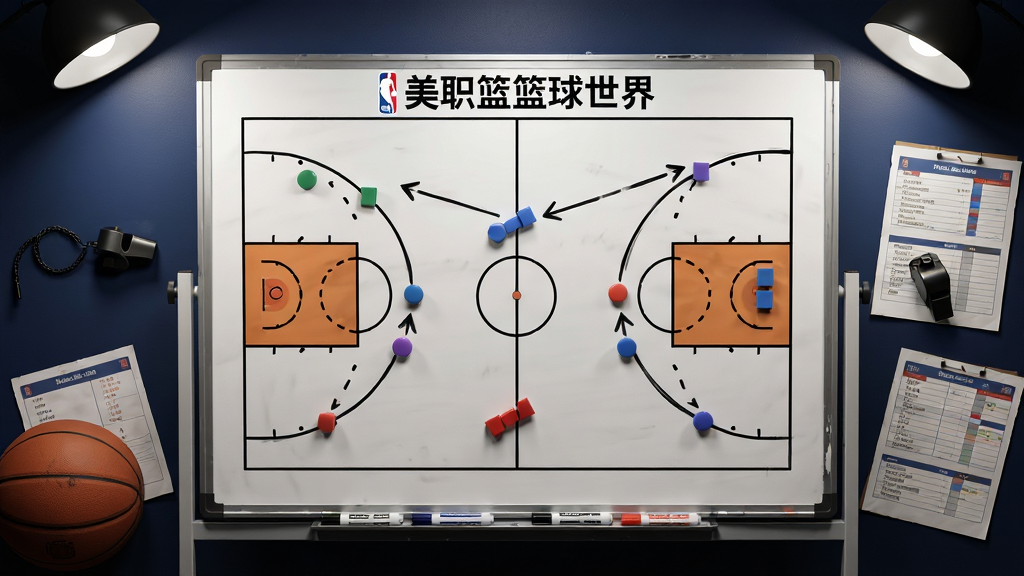 主体为一块战术白板,上面绘制篮球半场战术路线与球员跑位标记;布局以战术板为中心,周围散落篮球、哨子、数据报表;排版清晰展示“美职篮篮球世界”文字标识;风格为写实教练室场景;细节包括白板笔迹、磁性棋子、灯光阴影;画质细腻、干净、无多余元素。