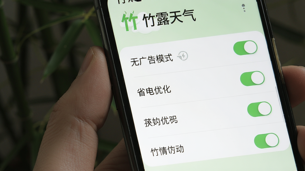 一张展示竹露天气软件设置界面的手机截图,画面中手机屏幕显示着简洁的菜单选项,包括“无广告模式”、“省电优化”等开关,界面以白色和浅绿色为主色调,风格清新干净,图片中带有“竹露天气”标志,细节清晰,画质干净,无多余元素。