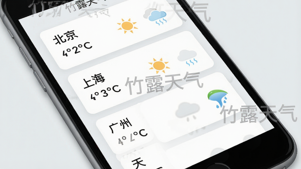 一张展示竹露天气多城市管理界面的手机示意图,画面中手机屏幕显示一个列表,包含“北京”、“上海”、“广州”等城市名称及其对应的温度和天气图标,界面风格为卡片式设计,背景为浅灰色,带有“竹露天气”水印,细节清晰,画质干净,无多余元素。