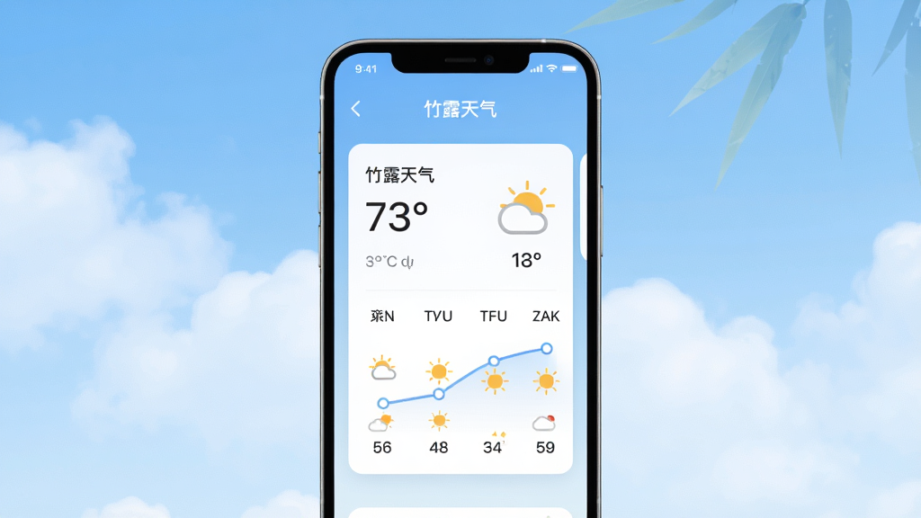 一张展示竹露天气软件主界面的手机预览图,画面中央是一部现代智能手机,屏幕显示着简洁的天气信息卡片,包含温度、天气图标和未来几天的预报趋势,背景是柔和的蓝天白云渐变,风格清新简约,细节清晰,画质干净,无多余元素,图片中文字为“竹露天气”。
