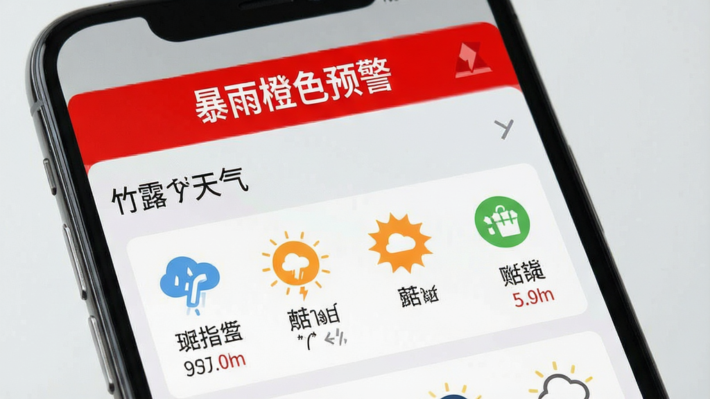 一张展示竹露天气灾害预警提示界面的手机效果图,画面中手机屏幕顶部有一条醒目的红色预警横幅,写着“暴雨橙色预警”,下方是详细的生活指数图标,背景为灰白色调,风格严肃醒目,包含“竹露天气”文字,细节清晰,画质干净,无多余元素。