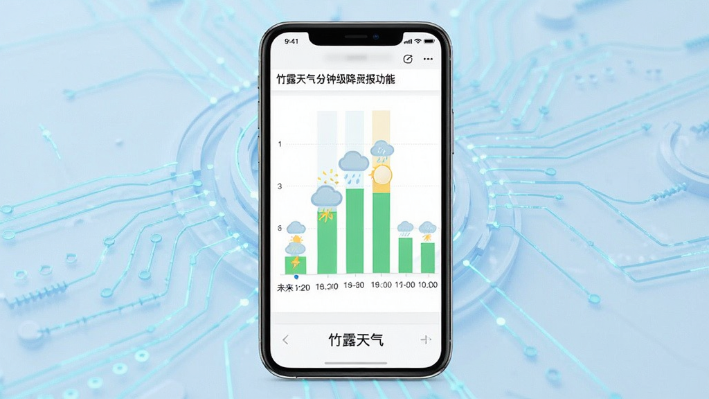 一张展示竹露天气分钟级降水预报功能的手机界面示意图,画面中手机屏幕显示一条时间轴,标注着未来120分钟内的降雨强度变化柱状图,界面底部有“竹露天气”字样,背景为淡蓝色科技感线条,风格专业简洁,细节清晰,画质干净,无多余元素。