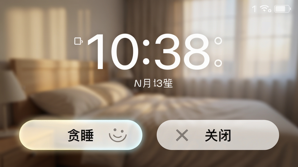 手机闹钟响起时的全屏界面,屏幕上有“贪睡”和“关闭”两个大按钮,背景是清晨卧室的模糊画面,风格为手机截图展示,细节包括按钮的高亮效果、时间显示醒目、整体色调柔和,画质高清,干净,无多余元素