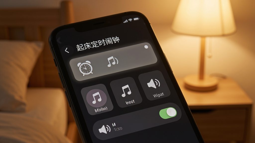 手机屏幕特写,显示“起床定时闹钟”的铃声设置页面,页面上有多个铃声选项和振动开关,旁边有音符图标和喇叭图标,背景是床头柜和台灯,风格为温馨家居场景,细节包括屏幕上的高亮选中状态、图标设计简洁、光线偏暖,画质高清,干净,无多余元素