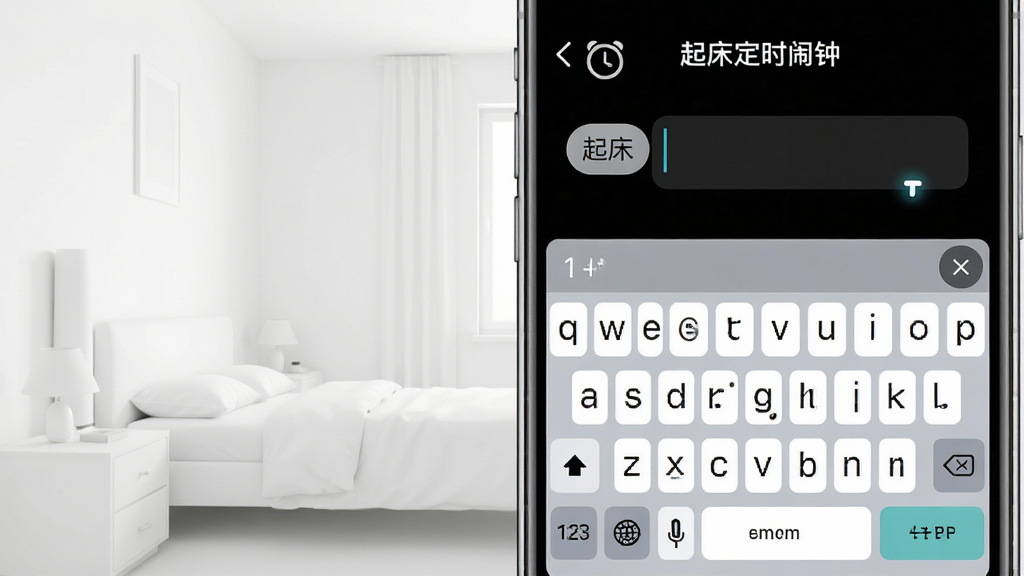 手机屏幕显示“起床定时闹钟”的编辑界面,输入框中写着“起床”标签文字,旁边有键盘弹出,背景是简洁的白色房间,风格为移动应用操作演示图,细节包括输入光标闪烁、按钮圆润、字体清晰,画质高清,干净,无多余元素