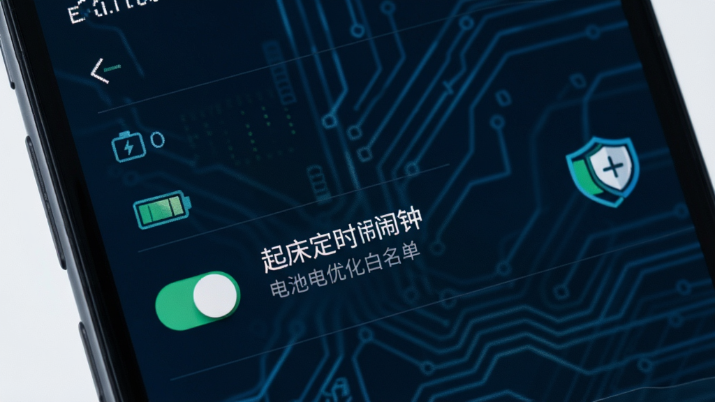 手机设置界面显示“起床定时闹钟”的电池优化白名单页面,旁边有电池图标和盾牌图标,背景是简洁的科技感线条,风格为系统设置演示图,细节包括开关按钮、文字说明清晰、色调偏冷,画质高清,干净,无多余元素
