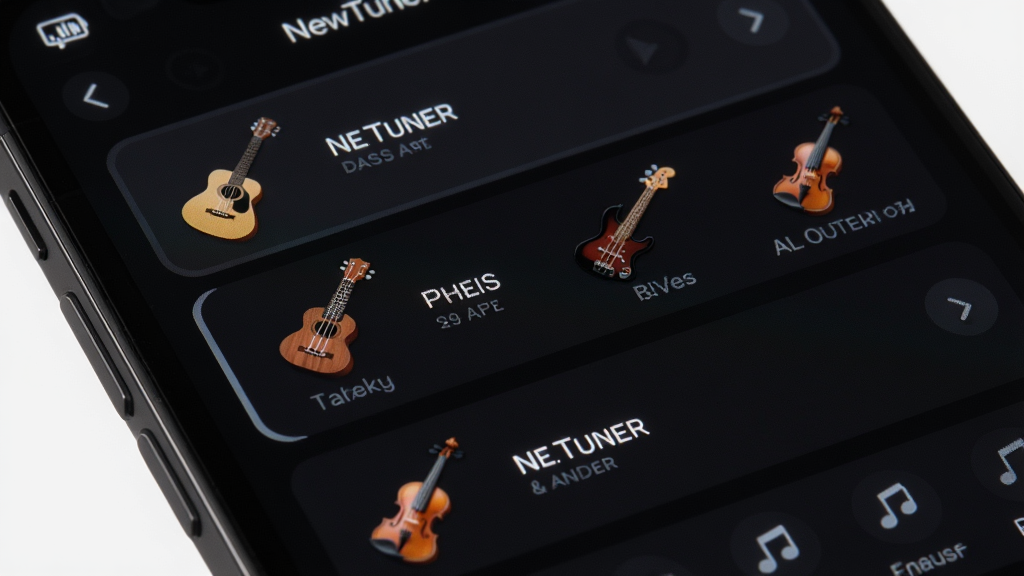 �ֻ���Ļ��дչʾNewTuner�������л��˵����˵����г��������ȿ������˹��С���ٵ�ѡ�ÿ��ѡ�����ж�Ӧ������Сͼ�꣬����Ϊ��ɫģʽ���棬�������ִ���Լ��ϸ�ڰ���ѡ�и���״̬��ͼ�������������Ű棬�����������޶���Ԫ��