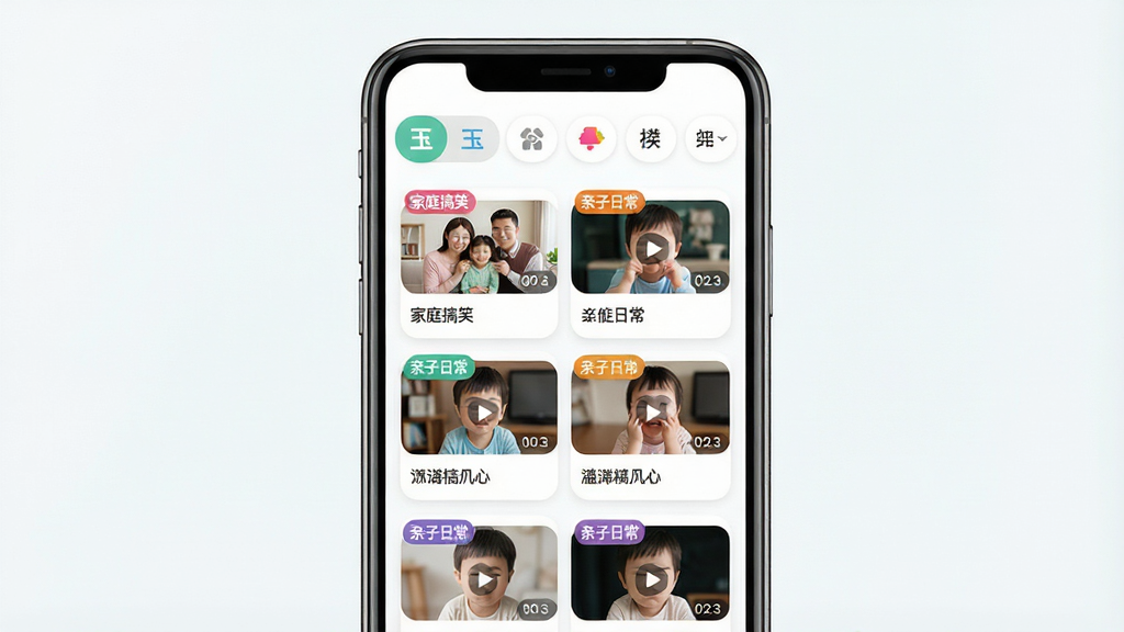 һ��չʾ�񱦱�ģ��ѡ������ʾ��ͼ�������������ֻ���Ļ�������������Ƶģ������ͼ����ÿ������ͼ���С���ͥ��Ц���������ճ����ȷ����ǩ������Ϊ���½ṹ�Ϸ��Ƿ��ർ�����·���ģ���б����������������ϸ�ڰ���Բ�ǿ�Ƭ��ƺͲ�ɫ����ͼ�꣬���ʸ��壬�ɾ��޶���Ԫ��