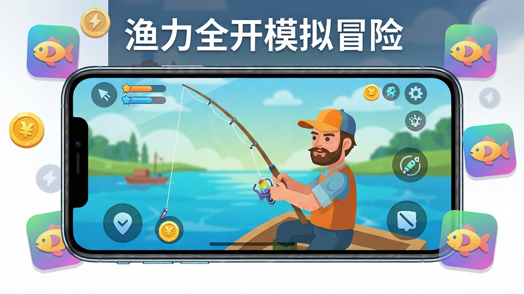 ����������һ�������ֻ�������ʾ��Ϸ���棬����������������ߣ���Ļ�Ա�Ư���Ž�Һ�����ͼ�꣬���ֲ����ֻ����С�ͼ�껷�ƵĹ�ͼ���Ű����ֻ�ռ�ݻ�����Ҫλ�ã����Ϊ��ƽ���Ƽ��磬ϸ�ڰ����ֻ��߿�ķ��⡢ͼ�꽥��ɫ�ʡ���Ϸ�����UIԪ�أ����������ɾ����޶���Ԫ�أ��ֻ���Ļ�Ϸ��ð�ɫ����д�š�����ȫ��ģ��ð�ա���