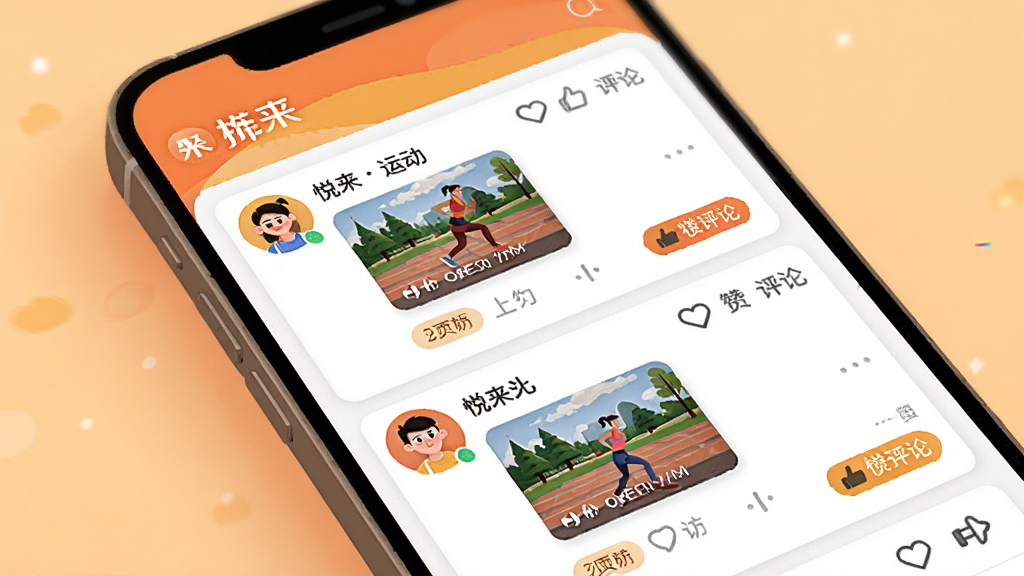 ��������������APP�������˶��������棬�ֻ���Ļ����ʾ�û���̬�б���ÿ����̬����ͷ���˶��򿨽�ͼ�͵������۰�ť������Ϊ�罻��Ϣ���Ű档���Ϊ��ů�������罻UI�廭��ϸ�ڰ����������ơ��˶���ǩ�ͻ���ͼ�ꡣ���ʸ��壬�ɾ����޶���Ԫ�ء�