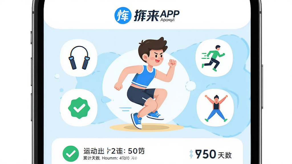 ��������������APP���˶��򿨹���չʾ���棬�м���һλ������ԭ�ض������Ŀ�ͨ�����Χ���ƶ���˶���Ŀͼ�����������ܲ���������������Ϊ���½ṹ���Ϸ�������LOGO���·��Ǵ򿨼�¼�б����Ű�������ͼ���������롣���Ϊ��������ı�ƽ���廭��ϸ�ڰ����򿨳ɹ�����ɫ�Թ����˶�ʱ�����ֺ��ۼ����������ʸ��壬�ɾ����޶���Ԫ�ء�