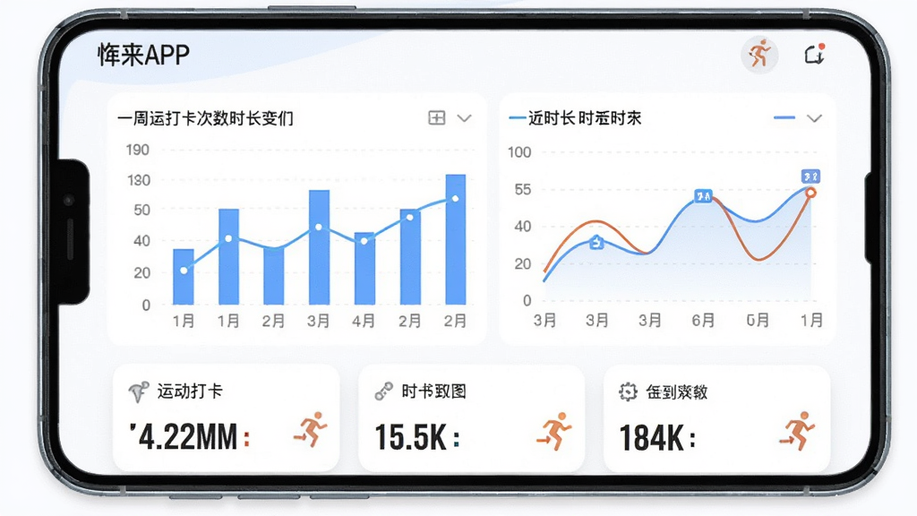 ��������������APP������ͳ��ҳ�棬�ֻ���Ļ��չʾ��״ͼ������ͼ��ͼ����ʾһ���˶��򿨴�����ʱ���仯������Ϊ�Ϸ�ͼ�����·�����ժҪ��Ƭ���Ű����࣬�������������Ϊ�ִ����ݿ��ӻ���ƽ�廭��ϸ�ڰ����������ơ��������ǩ���˶�ͼ�ꡣ���ʸ��壬�ɾ����޶���Ԫ�ء�