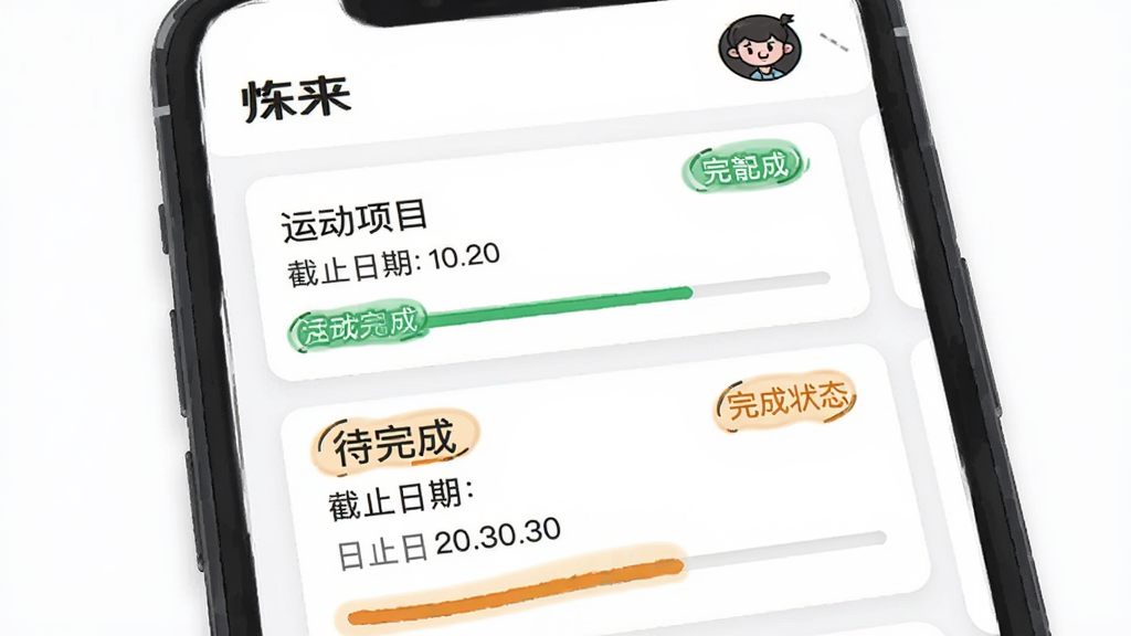 ��������������APP��У԰����������棬�ֻ���Ļ����ʾ�����б���ÿ������Ƭ�����˶���Ŀ���ơ���ֹ���ں����״̬��ǩ�����ֲ��������б�ʽ�Ű棬�������������ƺ��û�ͷ�񡣷��Ϊ���Ŀ�ƬʽUI�廭��ϸ�ڰ���������������ɫ��ǩ�����������ĳ�ɫ��ǩ�Լ������������ʸ��壬�ɾ����޶���Ԫ�ء�