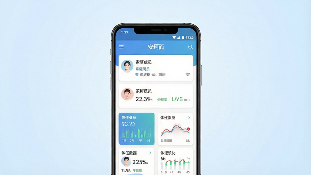 �����Ӧ��������չʾ��һ����׿�ֻ����з��ã���Ļ�ڳ��ּ�ͥ��Ա���������б����������ݿ�Ƭ������Ϊ����ɫ���䣬����ɾ����࣬����Լ�ִ���ϸ�����������ʸ��壬�޶���Ԫ��