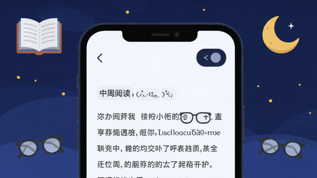 ����Ϊ�ֻ���Ļչʾ������Ϣ�Ķ����棬�����Ű����ʣ����Ͻ���ҹ��ģʽ�л���ť����Ļ��Χ�����鱾���۾�������ͼ�꣬����Ϊ����ɫҹ���Χ����ƽ�����ϸ�����������ʸɾ����޶���Ԫ��