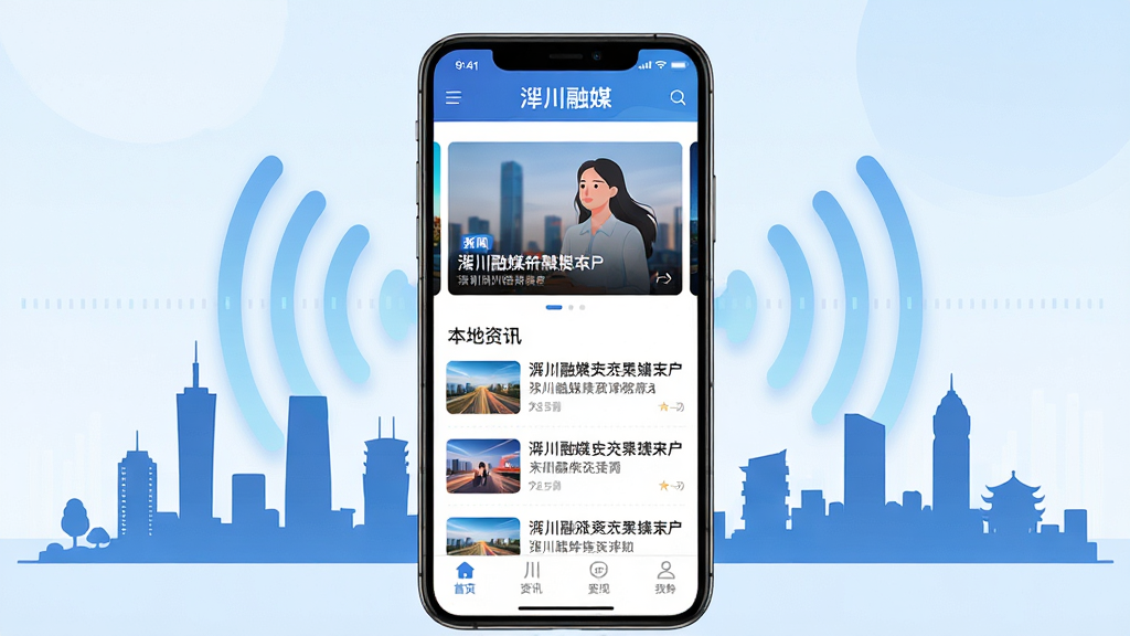 ����������һ�������ֻ�����չʾ�ʹ���ýAPP��ҳ���棬�����а��������ֲ�ͼ��������Ѷ�б��͵ײ������������ֲ��þ��й�ͼ���ֻ�����Ư�����ʹ����м�Ӱ����ý���źŲ��ơ�������Ϊ�ִ��Ƽ�����������Ѷ�ںϵı�ƽ���廭��ϸ������Ļ������������ʾ���ʹ���ý������������Ϊ����2K������ɾ����޶���Ԫ�ء�