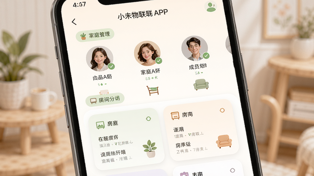 �����������ֻ���Ļ��ʾСδ����APP�ļ�ͥ����ҳ�棬ҳ�����ж����ͥ��Աͷ��ͷ�������ǩ�����ֲ������½ṹ���Ϸ�Ϊ��Ա�б����·�Ϊ���俨Ƭ�����Ϊ��ܰ�Ӽҷ磬ϸ���Ͻ���ɫ����ͣ�����ֲ�ͼҾ�Сͼ�꣬���ʸ��壬����ɾ����޶���Ԫ�ء�