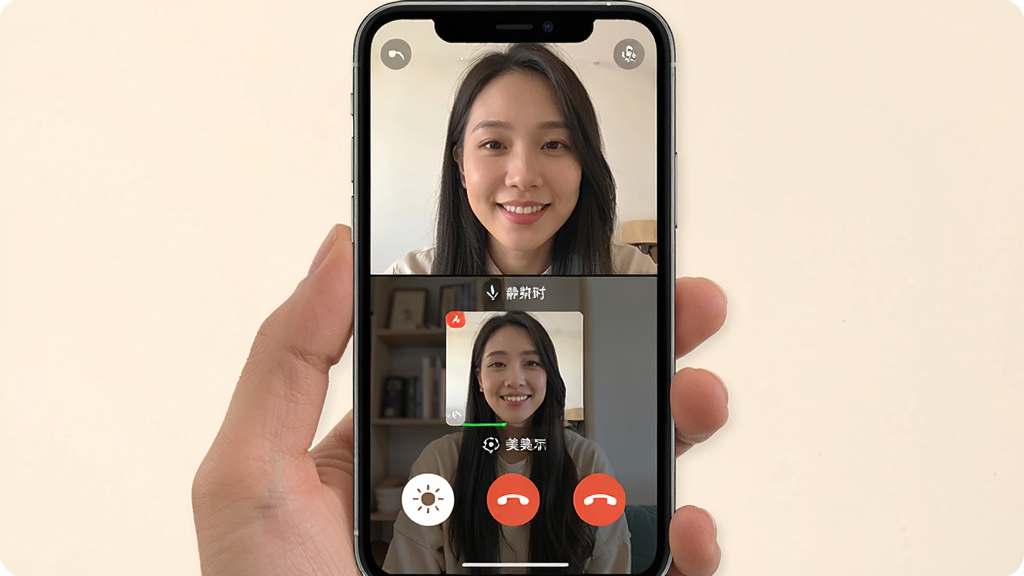 һ�Ÿ�������Լ��APP��Ƶͨ�������չʾͼ������Ϊ�ֻ���Ļ������Ϊ���·������Ϸ���ʾ�Է����棬�·���ʾ�Լ�С�����Ű��࣬�����ܰ��ͣ�ϸ�ڰ���ͨ��ʱ����������ť�����տ��ء��ҶϺ�ɫ��ť�������������ɾ����޶���Ԫ�ء�