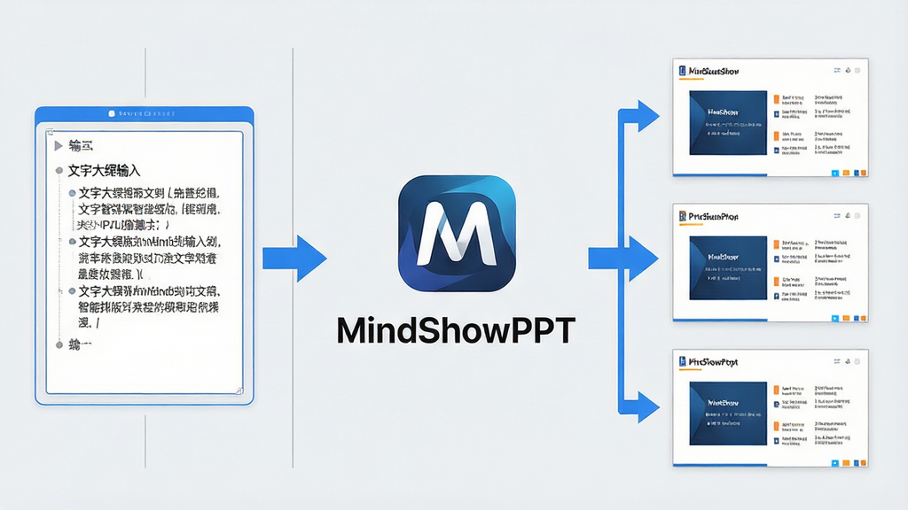 һ��չʾAI�����Ű����̵�ʾ��ͼ������������MindShowPPT����������Logo�����Ϊ���ִ��������Ҳ�Ϊ�Զ����ɵ�PPTҳ������ͼ������ͻ�����������ҶԳƣ��Ű����룬���Ϊ��Լ����磬ϸ�ڰ�����ɫ��ͷ�������ߡ�ǳ��ɫ�����������Ĳ㼶�ָ��ߣ������������ɾ����޶���Ԫ��